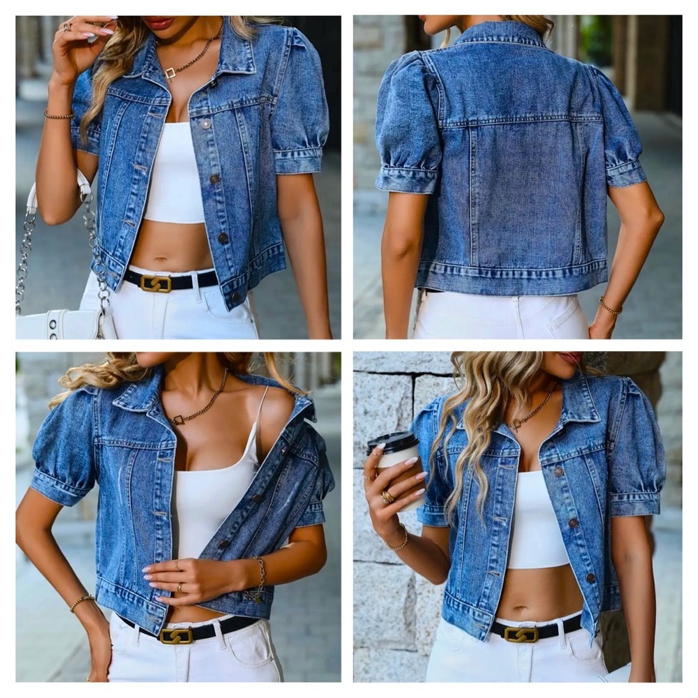 Blue Cropped Jean Jacket with Rolled Sleeves